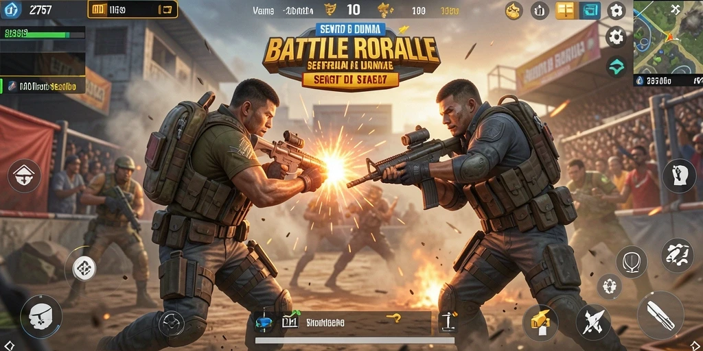 Screenshot menunjukkan aksi intens dalam permainan Battle Royale.