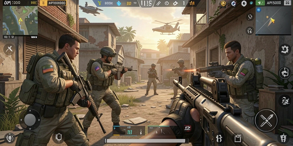 Tampilan gameplay mendebarkan di <strong>API5000</strong> saat bertempur dalam FPS.