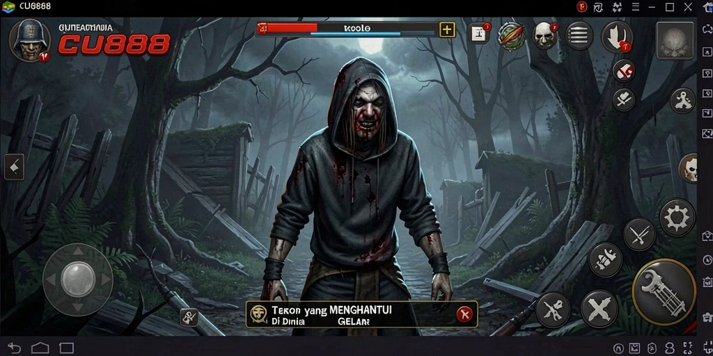 Tangkapan layar gameplay CU888 yang menampilkan suasana menyeramkan.