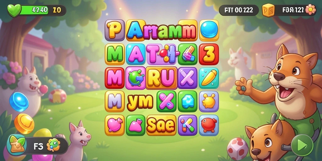 Tangkapan layar F32 menampilkan gameplay Match-3 yang penuh warna.