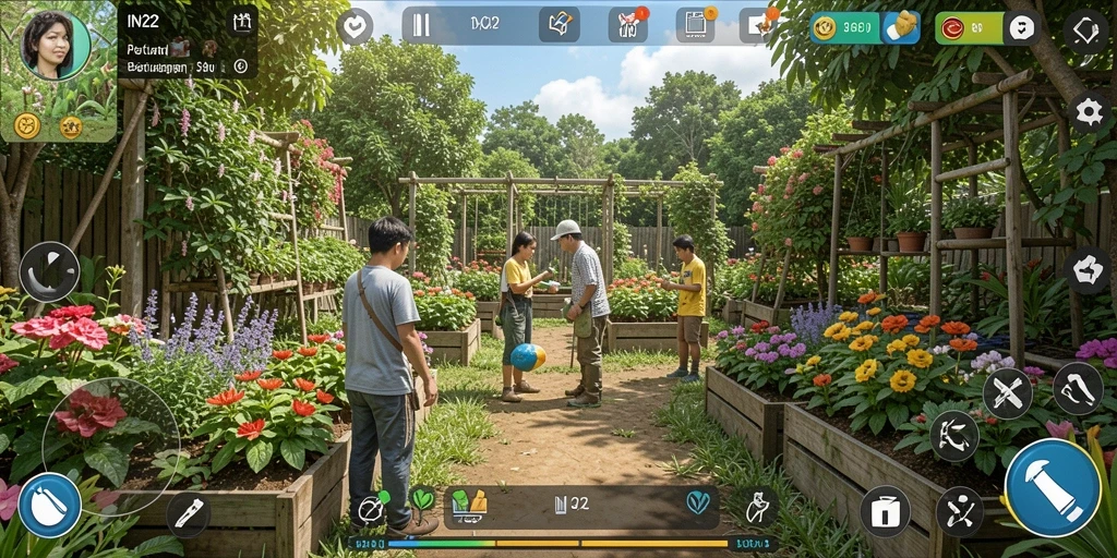 Screenshot gameplay IN22 menunjukkan ladang subur dan interaksi pemain.