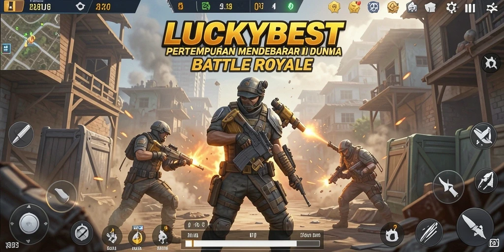 Screenshot gameplay LUCKYBEST menunjukkan pertempuran intens Battle Royale.