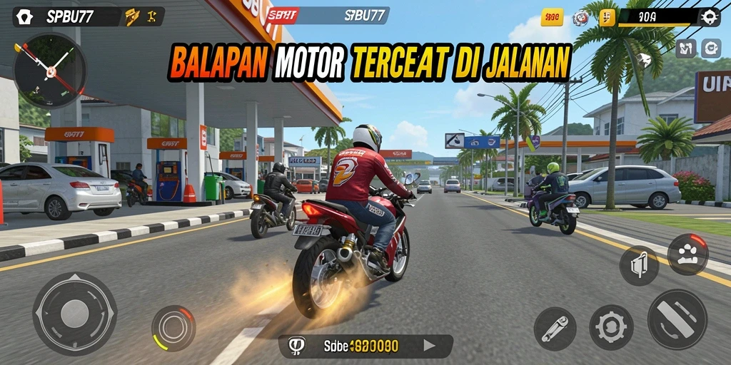 Screenshot SPBU77 menunjukkan aksi balapan motor yang mendebarkan.