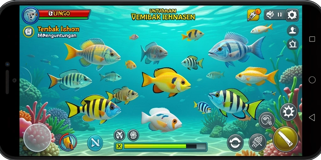Gameplay UNTUNGGO yang menarik dengan banyak ikan untuk ditangkap.