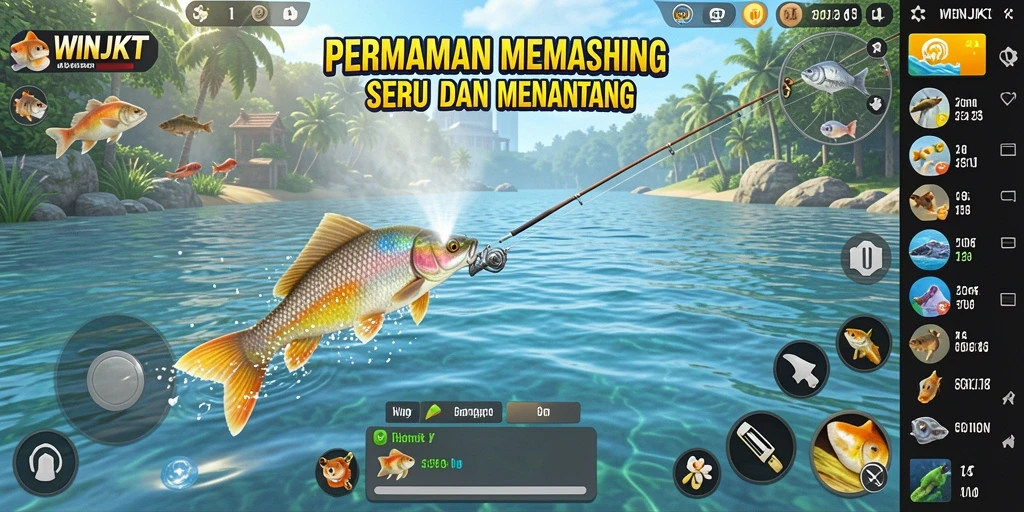 Tampilan gameplay WINJKT yang menampilkan pengalaman memancing yang seru.